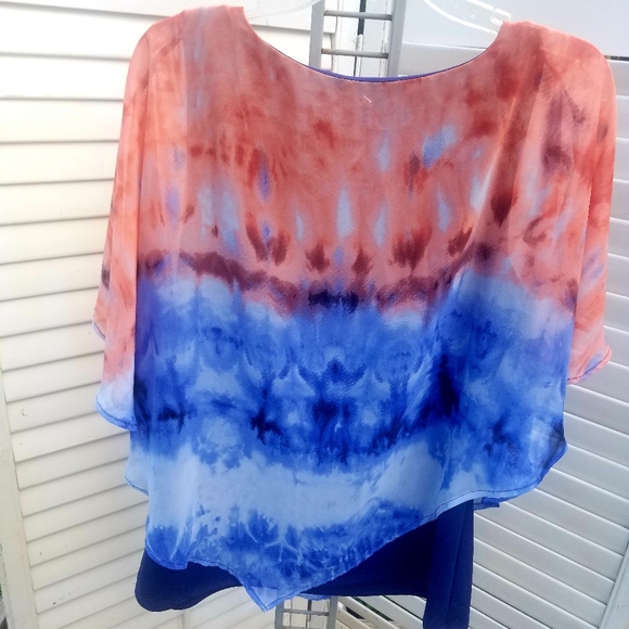 Dress Barn Flowy top attached Cami/Batwing Top sz L Tye Dye Effect Blue/Orange - Picture 3 of 5